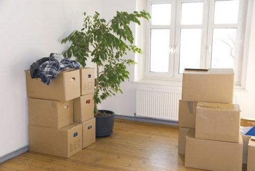 Packed boxes and furniture ready for transport in South Kensington